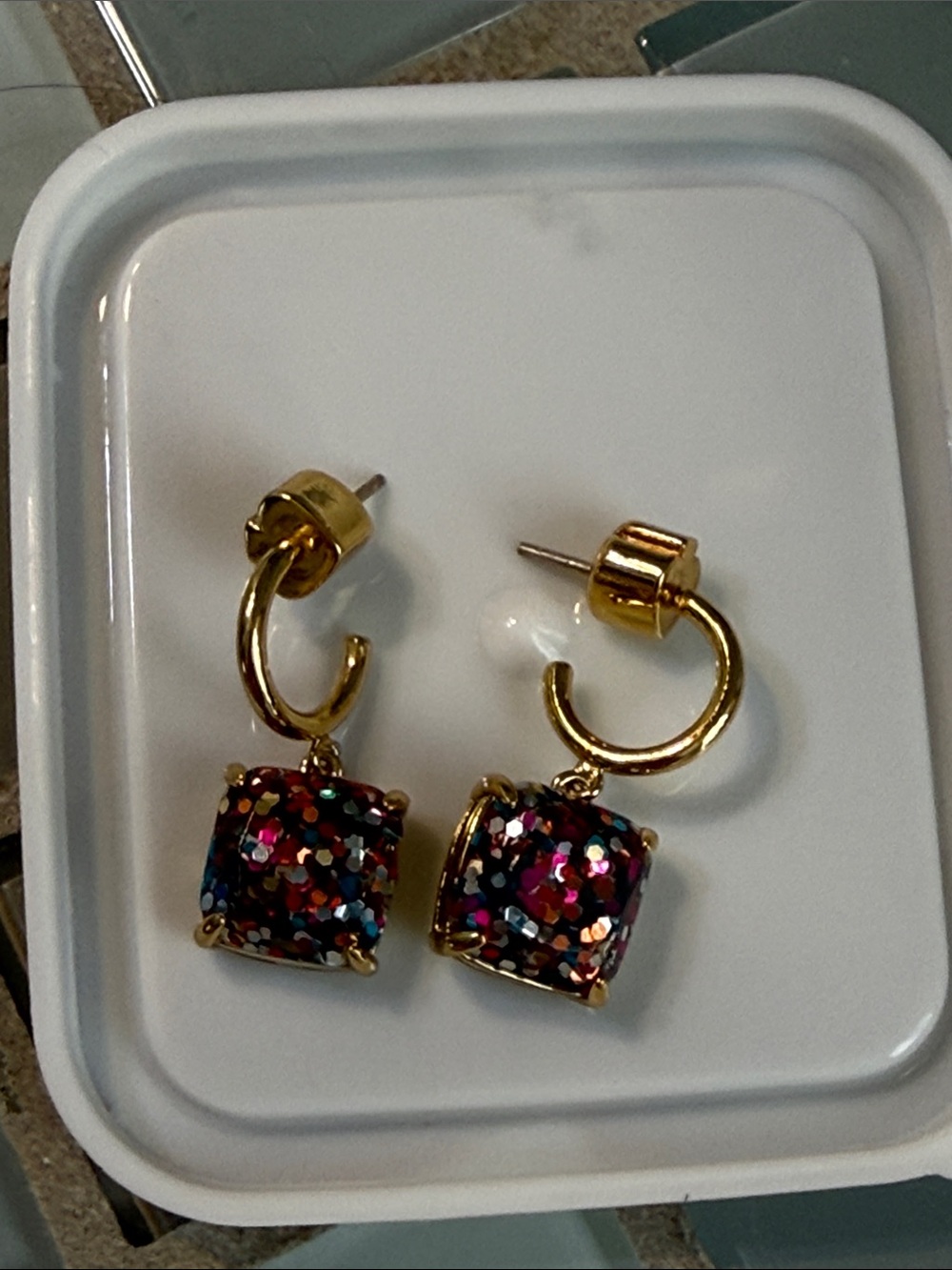 Kate Spade Gold Hoop Drop Earrings with Multicolor Glitter Square Charms